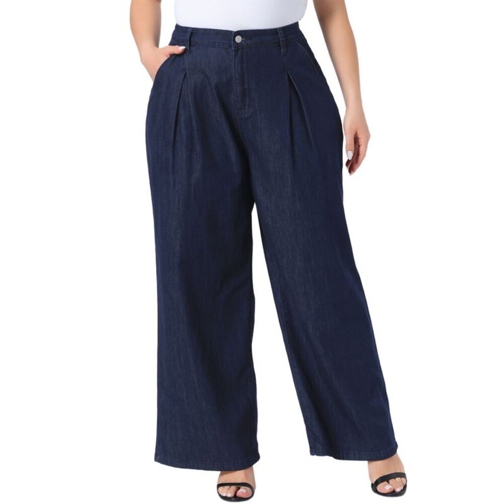 Women Plus Size High Waisted Stretchy Wide Leg Denim Jeans Black Blue